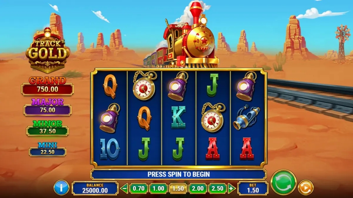 Tampilan visual mesin slot Track’n Gold dengan latar belakang kereta api uap di gurun